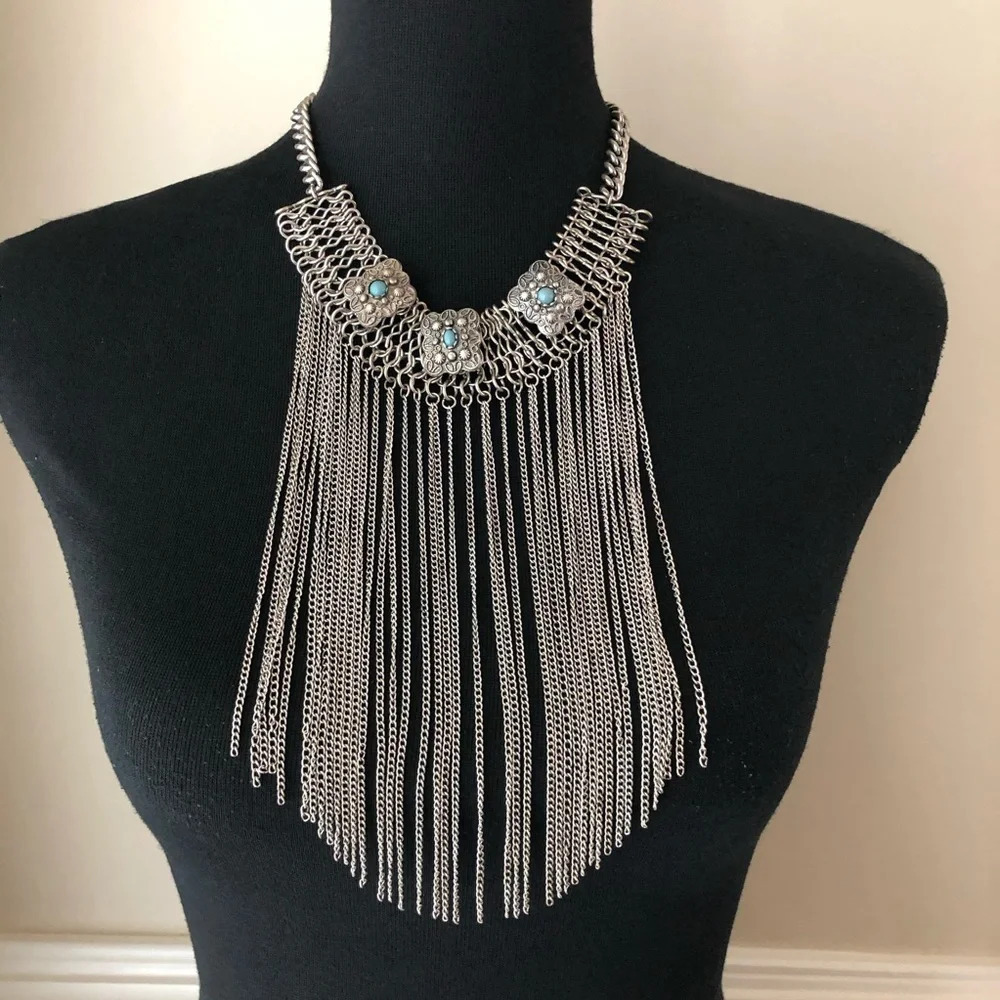 Silver tone faux turquoise multi chain necklace‎